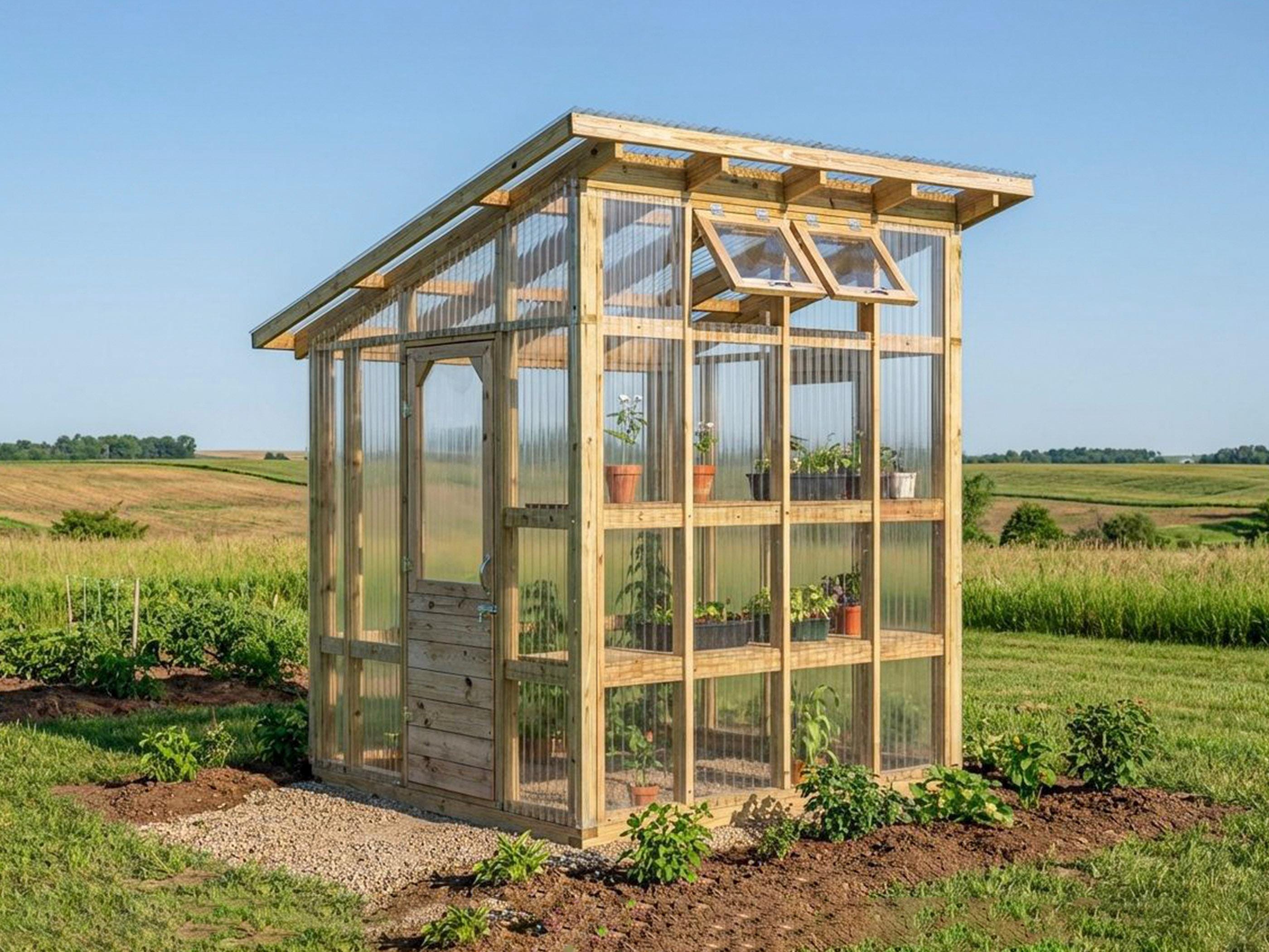 中型木製温室 透明前面 自作 DIY Greenhouse Plans: Backyard Greenhouse with Shelves (PDF