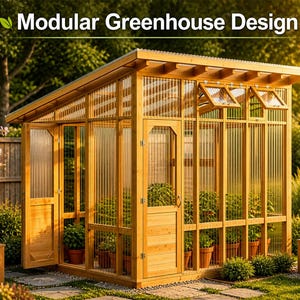 Puede incluir: Un invernadero de madera con diseño modular, con paneles de plástico corrugado transparente y un techo inclinado. La estructura tiene una puerta y varias ventanas que se pueden abrir. El texto "Modular Greenhouse Design" está en la parte superior. Se ven plantas en macetas en el interior.