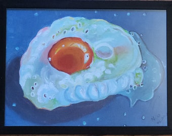 Original Framed Handmade Acrylic Painting Of Fried Egg | On 9x12 Canvas Board