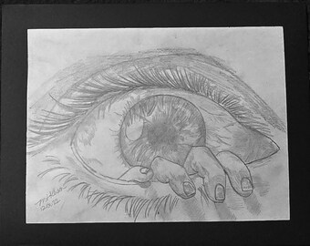 Original Sketch Of Eye With Fingers Sticking Out In 8.5"x11" Paper Framed In Paper Picture Frames