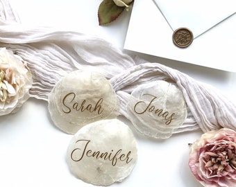 Square cards shell discs mother-of-pearl slices calligraphy gold wedding name cards place cards individually personalized