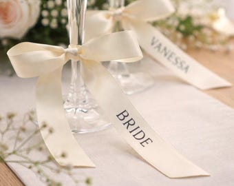 Personalized satin ribbons - 19 mm bow ribbon in ivory cream white - place card name tag - wedding event guest favor