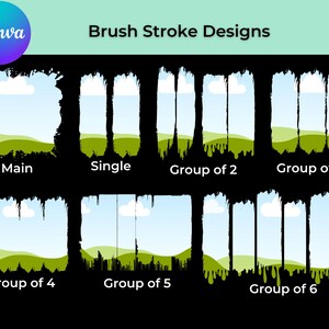 Könnte beinhalten: Ein Grafikdesign mit verschiedenen Pinselstrich-Designs. Die Designs umfassen ein Hauptquadrat, einen einzelnen Strich und Gruppen von zwei bis sechs Strichen. Jedes Design hat einen Landschaftshintergrund mit grünen Hügeln und blauem Himmel mit Wolken. Das Canva-Logo befindet sich oben links.