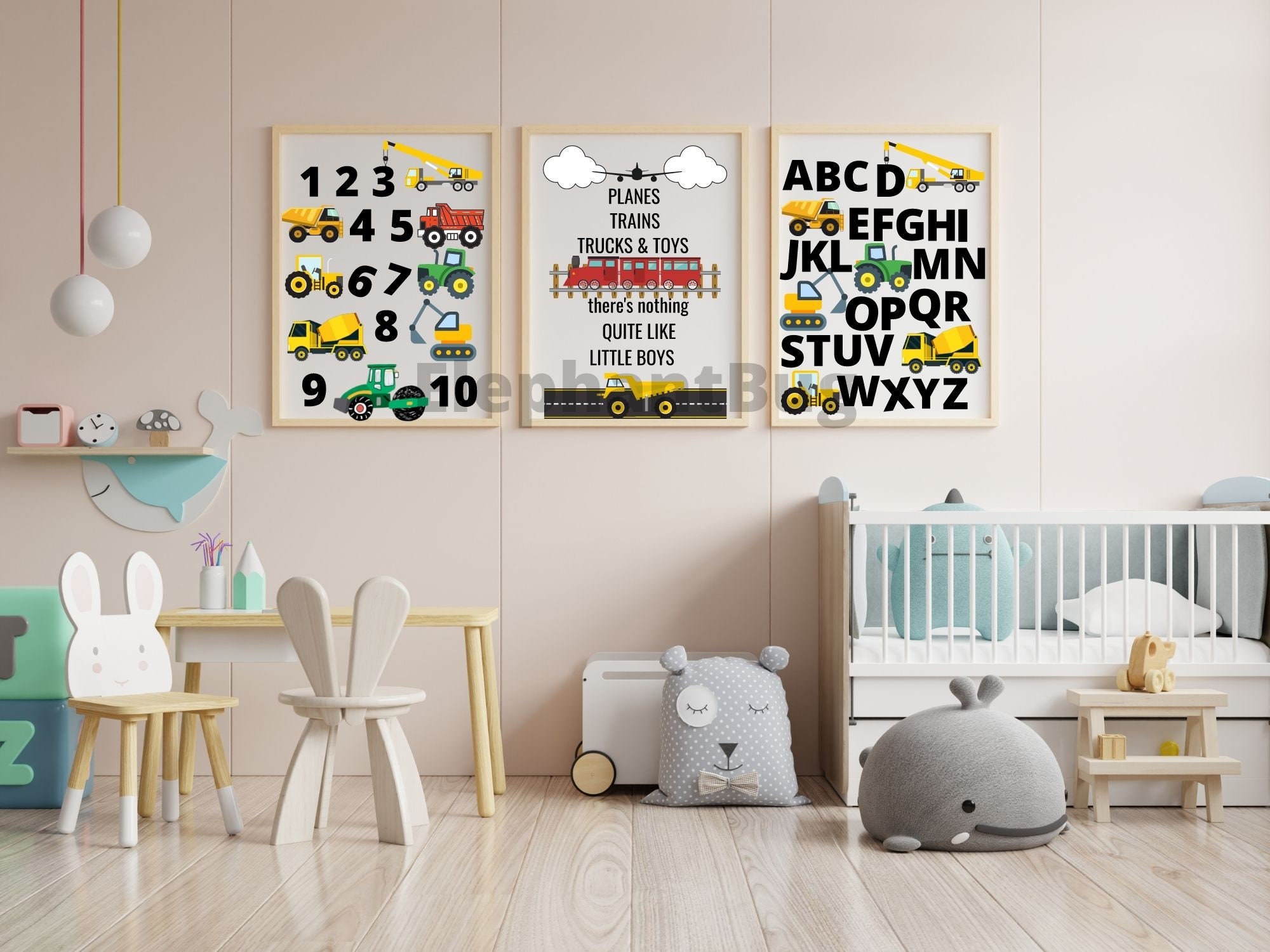 Alphabet Print, Construction Alphabet Educational Poster, ABC Wall Art, 123 Wall Art, Alphabet Poster, Nursery Wall Art, Planes, Trucks