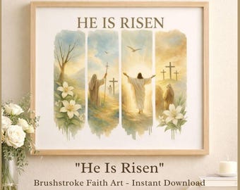 Arte mural cristiano "Él ha resucitado", imprimible religioso de Pascua, decoración de pared de fe, arte de la resurrección de Jesús, descarga digital