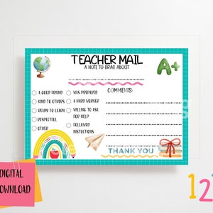 Teacher Mail, Note from Teacher, Teacher Report, Teacher Brag, Reward Chart, Happy Mail, Rainbow Teacher, Positive Mail, Printable Classroom