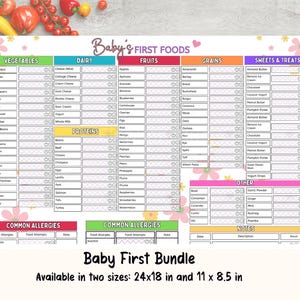 Baby First-voedselbundel, afdrukbare tracker babyvoeding, checklist First Foods, logboek met voedingsfasen, babymaaltijdplanner, pdf-logboek babyvoeding.