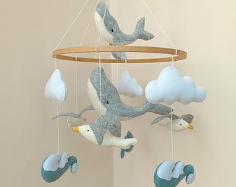 Felt Whale Crib Mobile, Ocean Nursery Decor, Baby Room Hanging, Coastal Theme, Wooden Ring, Cloud Seagull Mobile, Newborn Gift