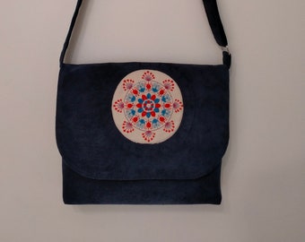 Corduroy crossbady bag. Blue shoulder bag. Shoulder bag with mandala embroidery.