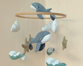 Ocean crib mobile with whale moon clouds waves starfish. Nautical nursery decor. Coastal gift newborn. Beach felt baby mobile.