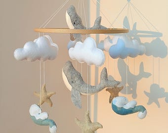 Whale crib mobile. Ocean nursery decor. Coastal felt henging toys. Nautical neutral mobile. Fish sea mobile. Newborn gift. new mam present.