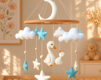 Handmade baby mobile: goose, clouds, stars, moon felt toys. Felt nursery decor. Newborn gift