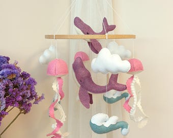 Ocean baby mobile with whale, clouds, jellyfish, waves felt toys. Nautical nursery decor. Hanging crib mobile. Sea animals. Newborn girt.