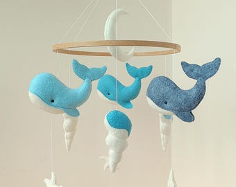 Felt Whale Crib Mobile, Ocean Nursery Decor, Wooden Ring, Cloud Starfish Shell Moon Hanging