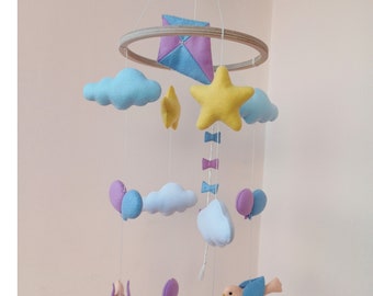 Baby mobile nursery decor.Hanging baby mobile.Felt birds,clouds,stars,kite,balloons.  Mobile in crib.Gender neutral mobile.Baby shower gift.