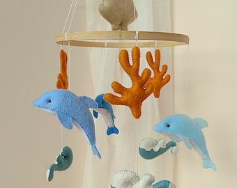 Móvil de cuna con delfines, decoración de fieltro para cuna, juguetes colgantes con temática marina, regalo náutico para bebé, regalo para baby shower de recién nacido
