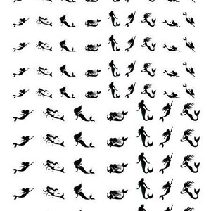 May include: A sheet of black and white mermaid silhouette stickers. The mermaids are in various poses, some swimming, some with their tails up, and some with their tails down. The stickers are perfect for adding a touch of whimsy to any project.