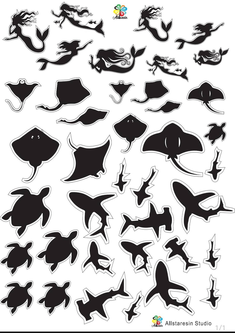 May include: Black silhouette cutouts of mermaids, stingrays, turtles, and sharks on a white background. The image includes the text "Allstaresin Studio" and a logo. These cutouts are likely for crafting or decorative purposes.