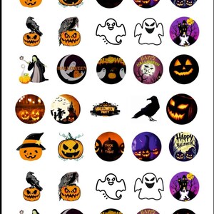 May include: A set of 36 round stickers with a Halloween theme. The stickers feature various Halloween icons such as pumpkins, ghosts, witches, crows, and bats. The stickers are ideal for decorating your home, gifts, or crafts.