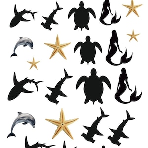 以下が含まれることがあります： 海の生き物とヒトデの白黒シルエット画像のデジタルシート。画像には、サメ、ハンマーヘッドシャーク、イルカ、ウミガメ、マーメイド、ヒトデが含まれています。