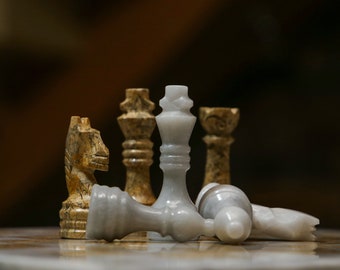 Handcrafted Organic Fossil Stone Chess Set Handmade Luxury White Marble Board Game