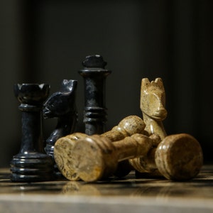 Handmade Marble Chess Pieces, Fossil & Black Stone, Set for 16-18&quot; Board