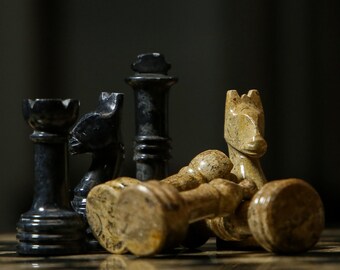 Handcrafted Fossil Stone Chess Set: Black Marble Board Game, Luxury Strategy Gift