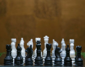 Handcrafted Nero Marquina Stone Chess Board, Minimalist Marble Game Set (12x12 inches)