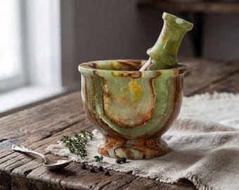 Pakistani Multi Green Onyx Mortar and Pestle Set - Solid Stone Kitchen Grinder
