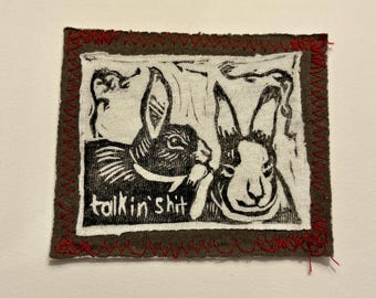 Linocut Talkin' Shit Bunnies Iron on Patch Upcycled