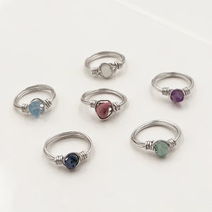 Gemstone wire rings silver, handmade, healing stone ring, crystal ring