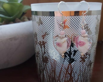 Glass Heart Earrings, Lampwork Earrings, Pink and White, Rose Pattern