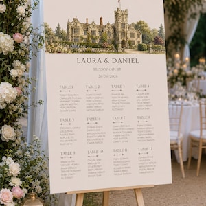 May include: A wedding seating chart sign on a wooden easel featuring a watercolour illustration of a stone manor house at the top. The text reads Laura & Daniel, Brinsop Court, 26/06/2026, followed by a list of twelve tables with guest names.