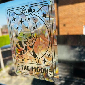Cat Tarot Cards, Rainbow Maker Stickers, Suncatcher Window Decor, The Moon Tarot Sticker, Celestial Rainbow Window Cling, Cat Lover Gifts
