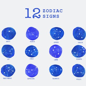 12 Zodiac Constellation Digital Bundle, Watercolor Astrology Signs, Horoscope Stars Design,  Horoscope svg, Constellation svg, Zodiac png