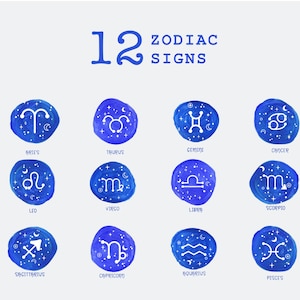 12 Zodiac Constellation Digital Bundle, Watercolor Astrology Signs, Horoscope Stars Design,  Horoscope svg, Constellation svg, Zodiac png
