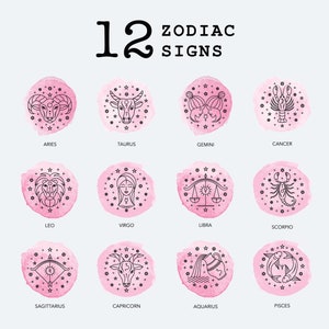 12 znaków zodiaku cyfrowy pakiet, akwarelowe minimalne znaki astrologiczne, projekt gwiazd horoskopu, horoskop svg, konstelacja svg, zodiak png