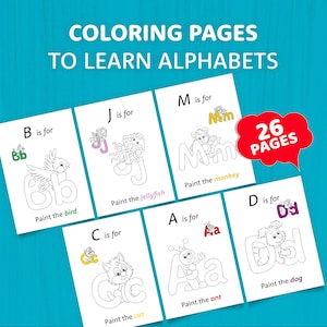 Alfabeto de animales para colorear, divertido imprimible de la A a la Z, actividad educativa, aprende letras y colores, diversión con animales, 26 páginas para preescolar