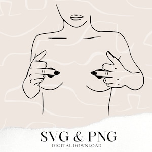 Könnte beinhalten: Schwarz-Weiß-Linienzeichnung eines Torsos mit Händen, die auf die Brüste zeigen. Das Bild hat einen neutralen Hintergrund und den Text "SVG & PNG DIGITAL DOWNLOAD" unten.