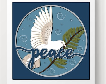 May include: A white dove with outstretched wings flies towards a green branch with the word "peace" written in a blue cursive font. The dove and branch are inside a circle on a blue background with white stars and swirls.