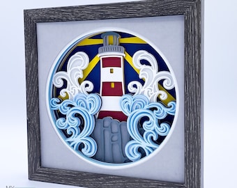 May include: A 3D papercraft model of a lighthouse with red and white stripes, surrounded by blue and white waves. The lighthouse is set against a blue background with yellow stripes.
