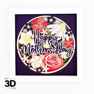 Puede incluir: Un marco blanco con un fondo morado y un c&iacute;rculo de flores de papel en tonos de rosa, blanco y amarillo. El texto "Happy Mother's Day" est&aacute; en el centro del c&iacute;rculo.