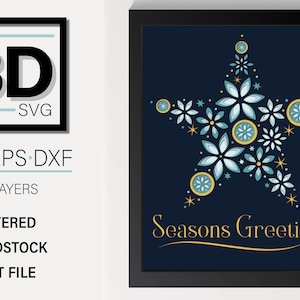 May include: A 3D layered paper craft design of a star with blue and gold flowers and the text "Seasons Greetings" on a dark blue background. The design is framed in black.