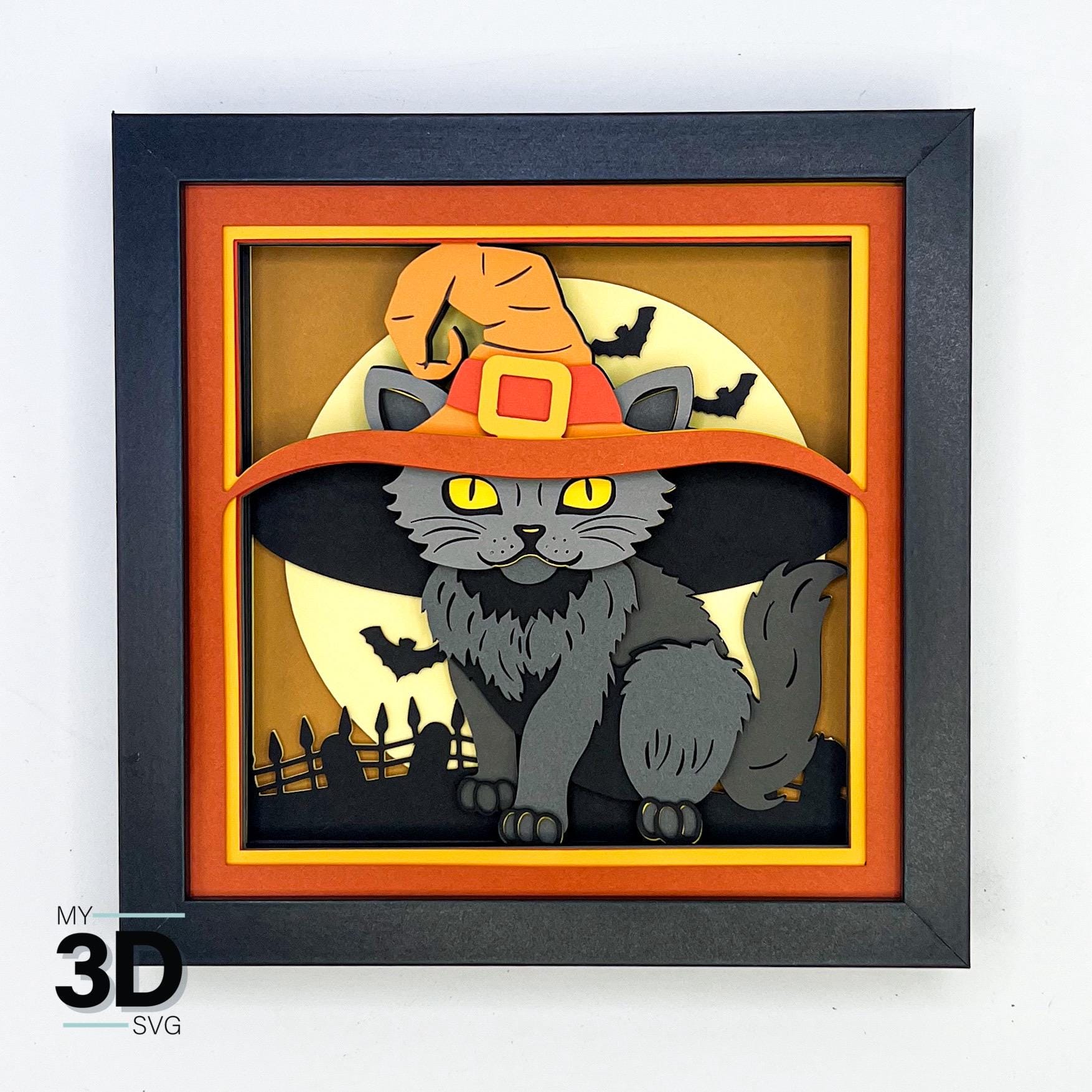 3D CAT in WITCH HAT Svg - Halloween Shadow Box Svg - for Cricut - for ...