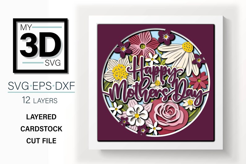 Puede incluir: Un dise&ntilde;o de corte de cartulina en 3D en capas que presenta un c&iacute;rculo de flores con el texto "Happy Mother's Day" en el centro. Las flores son en tonos de rosa, rojo, blanco y amarillo, y el fondo es de color morado oscuro.