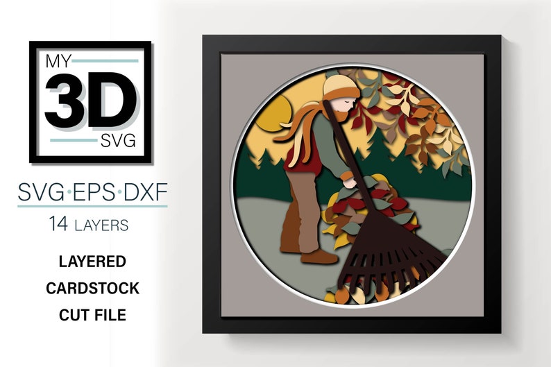 Man Raking Svg 3d BOY RAKING LEAVES Svg - Fall Shadow Box Svg - for Cricut - for ...