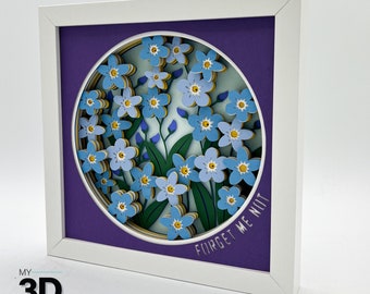 May include: A white frame with a purple mat and a round cutout featuring a 3D papercraft design of forget-me-not flowers. The text "Forget Me Not" is written on the mat.