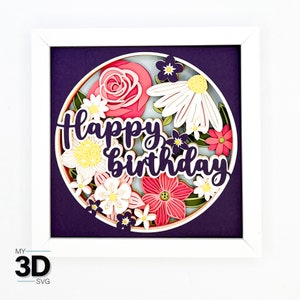 May include: A white frame with a purple background and a circle in the center. The circle has a light blue background with a 3D paper flower arrangement in pink, white, and yellow. The text "Happy Birthday" is in purple lettering.