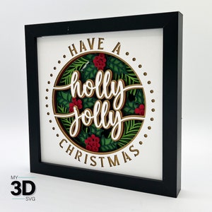 Svg de Noël HOLLY JOLLY - Svg de Noël 3D - Svg de boîte d'ombre de Noël - pour cricut - pour silhouette
