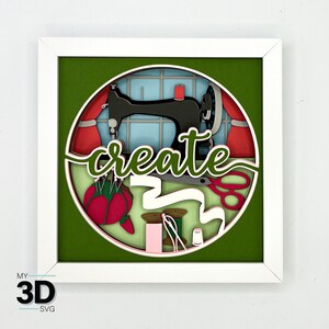 May include: A green and white framed papercraft design featuring a sewing machine, spools of thread, scissors, and ribbon. The word "create" is written in a decorative font.